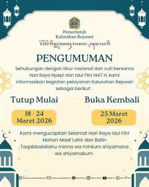 Informasi pelayanan Kalurahan Rejosari di masa libur nasional dan cuti bersama Hari Raya Nyepi dan I